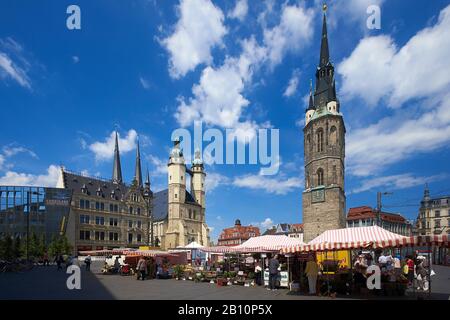 Markt mit Marktkirche St. Marien, Handgedenken und rotem Turm in Halle/Saale, Sachsen-Anhalt, Deutschland Stockfoto