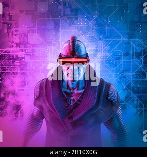 Cyberpunk Mohawk man/3D-Illustration von männlichen Science-Fiction-Figuren, die futuristische Brillen auf abstraktem technischem Hintergrund tragen Stockfoto