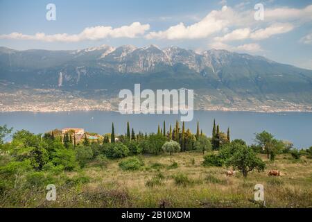 Blick auf den Gardasee und den Monte Baldo, von Pieve di Tremosine, Brescia, Italien Stockfoto