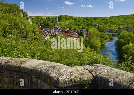 Blick über Camburg mit Rathausturm und Schloss, Thüringen, Deutschland Stockfoto