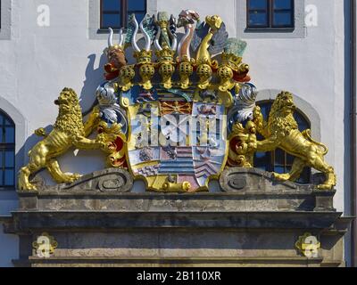 Wappen am Eingang zum Schloss Hartenfels, Torgau, Sachsen, Deutschland Stockfoto