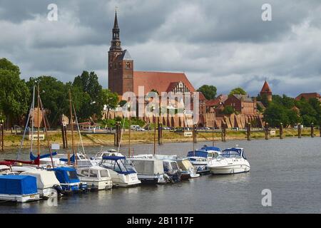 Blick über die Elbe in die Altstadt mit Kirche St. Stephan, Tangermünde, Sachsen-Anhalt, Deutschland Stockfoto