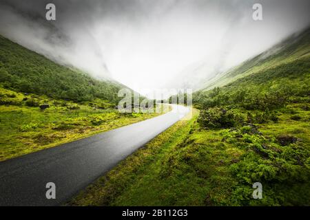 Straße durch die regnerischen und nebligen Berge, Norwegen Stockfoto