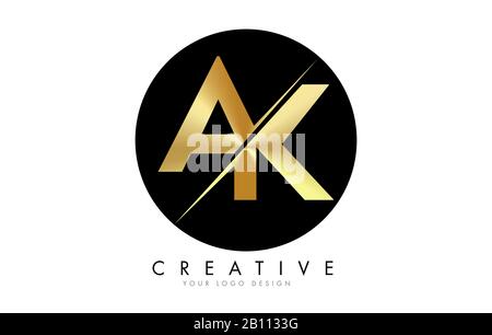 AK A K Golden Letter Logo Design mit kreativem Schnitt. Kreatives Logo-Design mit schwarzem Kreishintergrund. Stock Vektor