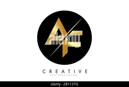AF A F Golden Letter Logo Design mit kreativem Schnitt. Kreatives Logo-Design mit schwarzem Kreishintergrund. Stock Vektor