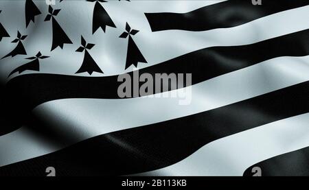 3D Schwenkt Frankreich Region Flagge der Bretagne Nahansicht Stockfoto