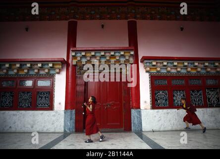 Kathmandu, Nepal. Februar 2020. Junge Anfängermönche spielen am Samstag, 22. Februar 2020, in einem Kloster in Jorpati in Kathmandu, Nepal. Credit: Skanda Gautam/ZUMA Wire/Alamy Live News Stockfoto