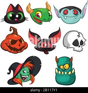 Halloween Figuren Gesichter gesetzt. Fledermaus, Hexenkatze, grimmiger Reaper, grünes Monster, Hexe, Vampir und Kürbis Stock Vektor