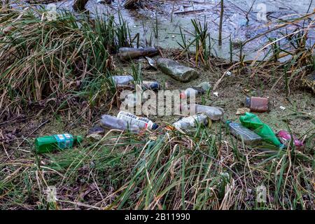 Plastikmüll entlang einer 800 Meter langen Strecke des Flusses Nene vor der Stadt und dem neuen Collage, nach Tagen starken Regens und hohen Wassers. Stockfoto