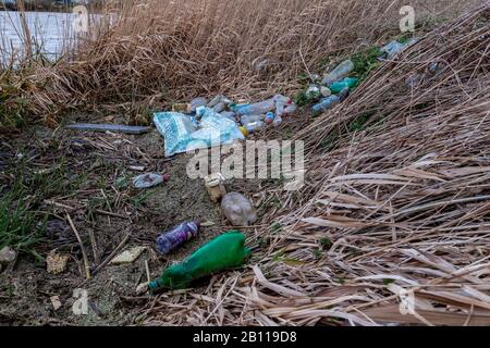 Plastikmüll entlang einer 800 Meter langen Strecke des Flusses Nene vor der Stadt und dem neuen Collage, nach Tagen starken Regens und hohen Wassers. Stockfoto