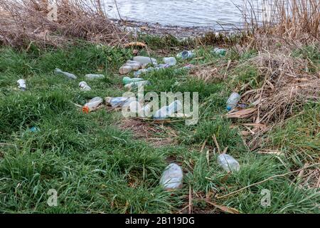 Plastikmüll entlang einer 800 Meter langen Strecke des Flusses Nene vor der Stadt und dem neuen Collage, nach Tagen starken Regens und hohen Wassers. Stockfoto