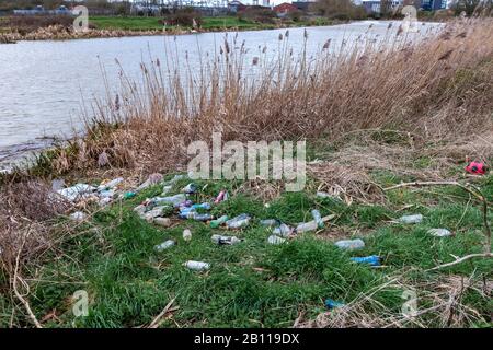 Plastikmüll entlang einer 800 Meter langen Strecke des Flusses Nene vor der Stadt und dem neuen Collage, nach Tagen starken Regens und hohen Wassers. Stockfoto