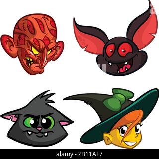 Cartoon Monster Characters Icons Set. Zombie, Hexenkatze, Fledermaus und Hexe. Halloween-Vektor Stock Vektor