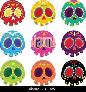 Farbenfroher gemusterter Totenkopf-Set, mexikanischer Todestag Stock Vektor