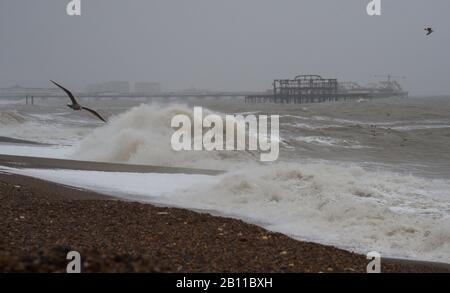 Hove UK 22. Februar 2020 - Wellen stürzen am Hove Beach ab, da das stürmische Wetter in den nächsten Tagen in ganz Großbritannien anhalten wird und mehr Überschwemmungen und Schäden erwartet werden: Credit Simon Dack / Alamy Live News Stockfoto