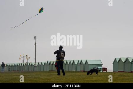 Hove UK 22. Februar 2020 - Es gibt viel Wind für das Fliegen eines Drachens an der Küste von Hove, da heute mehr Stürme die Südküste bekämpfen. Das stürmische Wetter wird sich in den nächsten Tagen in ganz Großbritannien fortsetzen und es wird mit weiteren Überschwemmungen und Schäden gerechnet: Credit Simon Dack / Alamy Live News Stockfoto