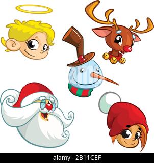 Weihnachtsfiguren. Vektor-Cartoon-Kopf-Ikonen von Weihnachtsmann, Rentier, Elf, Schneemann und Engel Stock Vektor