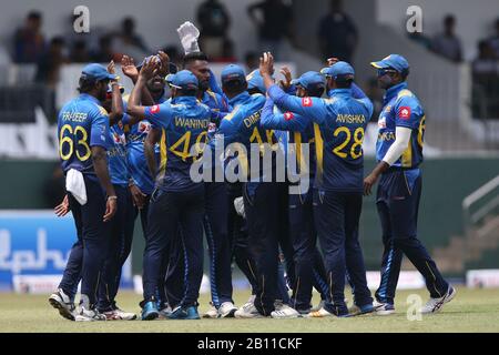 Colombo, Sri Lanka. Februar 2020. Februar 2020, Dem Singhalese Sports Club Cricket Ground, Colombo, Sri Lanka; One-Day International Cricket, Sri Lanka versus West Indies; Srilanka feiern das Wicket von Shai Hope Credit: Action Plus Sports Images/Alamy Live News Stockfoto