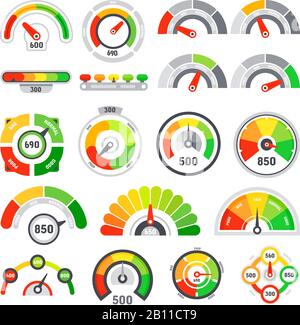 Geschwindigkeitsmesser für Gutschriften. Anzeige der Wareneinstufung, Anzeige der guten Anzeige und Graph Tachometer Pegelanzeigen isolierter Vektor eingestellt Stock Vektor