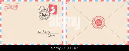 Sehr geehrter weihnachtsmann Briefumschlag. Weihnachtsüberraschungsbrief, Kinderpostkarte mit nordpolaler Postmarkierung Cachet-Vektorillustration Stock Vektor