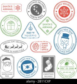 Weihnachtsmann Poststempel. Weihnachtsbriefmarken, Poststempel Nordpol und Postwertzeichen Weihnachtskarte Etikett Vektor gesetzt Stock Vektor