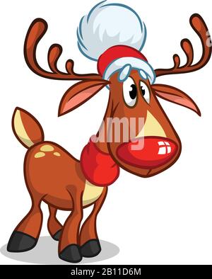 Rentiere mit roter Nase und niedlicher Elf. Weihnachts-Vektorzeichen Stock Vektor
