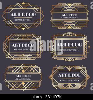 Art Deco Rahmen. Mit goldenem Etikett, goldenem Visitenkartentitel und Vintage-Verzierungen werden Vektorelemente gestaltet Stock Vektor
