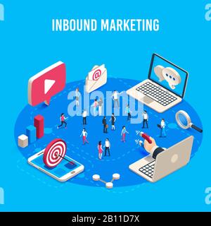 Inbound-Marketing isometrisch. Online-Werbung für Massenmärkte, Verkaufswerbung für Geschäftsziele und Vektorkonzept für den Offline-Verkauf Stock Vektor
