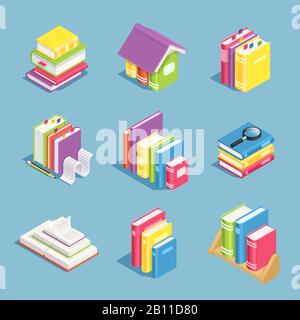 Isometrische Bücher. Stapel von Büchern, offenen und geschlossenen Lehrbüchern. 3D-Vektorsymbole für Bibliothek und Ausbildung Stock Vektor