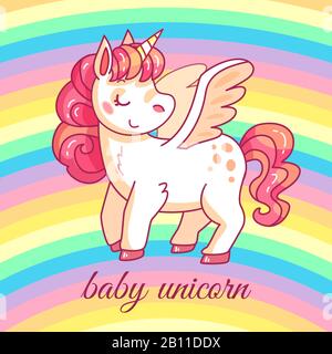 Süßes Baby-Einhorn. Cartoon-Fee Zauberpony auf Regenbogen. Lustige Pferdegirlige T-Shirts oder Aufkleber Vektor-Design Stock Vektor