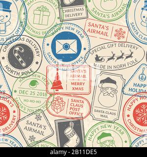 Postmuster für Weihnachten. Weihnachtsmann Postmark Cachet, Winterurlaub Briefmarken Briefmarken und Nordpol Briefmarken Vektorhintergrund Stock Vektor