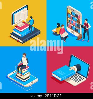 Isometrische Online-Bibliothek. Studenten lesen Bücher auf dem Smartphone, studieren Wissenschaftsbuch und lesen Buch über Leservektor 3d-Illustration Stock Vektor