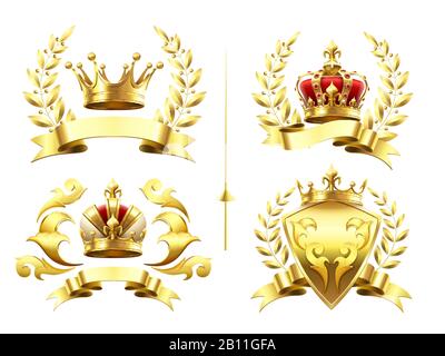 Realistische heraldische Embleme. Insignien mit goldener Krone, goldener krönender Medaille und Emblem mit Königskronen auf Schilden 3D-Vektorsatz Stock Vektor