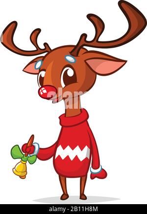 Weihnachts-Rentiere-Cartoon mit einer Glocke. Vektorgrafiken isoliert auf weiß Stock Vektor