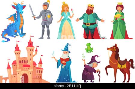 Märchenfiguren. Fantasy-Ritter und Drache, Prinz und Prinzessin, magische Weltkönigin und König isolierter Cartoon-Vektorsatz Stock Vektor