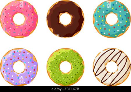 Cartoon bunte leckere Donut-Set isoliert auf weißem Hintergrund. Glasierte Donuts Draufsicht Kollektion für Kuchen Café Dekoration oder Menü-Design. Vektorgrafik flach Stock Vektor