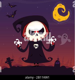 Süßer Cartoon grimmiger Reaper mit Scythe Poster für Halloween Party. Einfacher Hintergrund mit Friedhof und Vollmond Stock Vektor