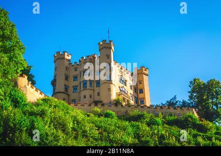 Historische Burg Hohenschwangau steht am Morgen auf Hochland. Stockfoto