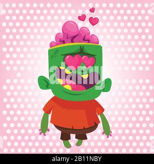 Zeichentrickzombie verliebt. Halloween-Vektor-Illustration des Gehens von Zombie-Cupid mit fliegenden Herzen. Isoliert Stock Vektor