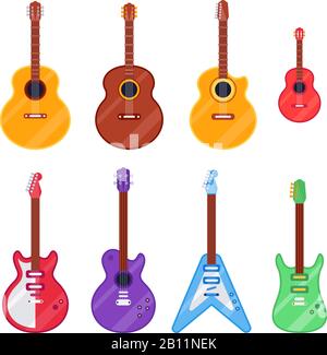 Flaches Gitarreninstrument. Ukulele, akustische Klassik und Rock E-Gitarren. String-Musikinstrumente isolierter Vektor-Cartoon-Satz Stock Vektor