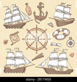 Alte Schiffe der Marine. Alter Kartuschenrahmen, Schiffsanker und Seerad mit altem Kompass. Ocean segelboot Retro Vector Illustration Stock Vektor