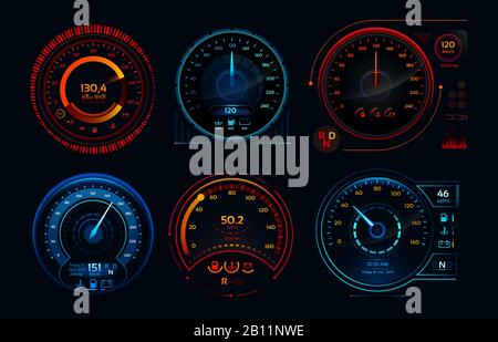 Futuristischer Autospeedometer. Speed hud Kilometer Leistungsindikatoren Armaturenbrett, Gas- und Kraftstoffstand analoge Schalttafeln Vektorerfassung Stock Vektor