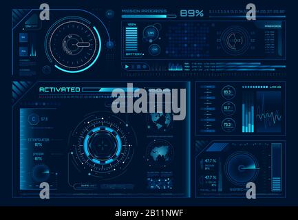 Futuristisches Hologramm ui. Science-hud-Schnittstellen, Grafikschnittstellen-Frames und Tech-Regler oder Schaltflächen-Designelemente-Vektorsatz Stock Vektor