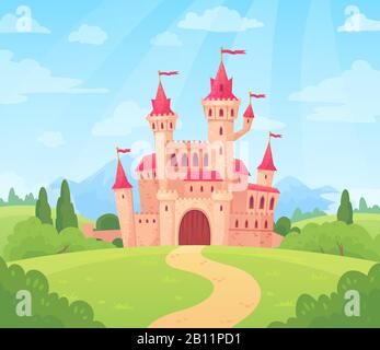 Märchenhafte Landschaft mit Schloss. Fantasy-Palast-Turm, fantastisches Feenhaus oder magische Burgen Königreich Cartoon Vektor-Hintergrund Stock Vektor