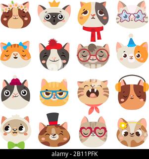 Niedliche Katzen Köpfe. Katzen-Schnauze, häusliches kittliches Gesicht mit Hut, Schal und Partybrille isoliertes Cartoon-Vektor-Set Stock Vektor