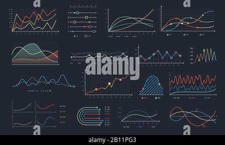 Liniendiagramm. Lineares Wachstum der Diagramme, Diagramme des Geschäftsdiagramms und farbiger isolierter Vektorsatz für Histogramme Stock Vektor