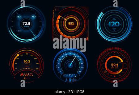 Tachometer anzeigen. Leistungsmesser, schnelle oder langsame Internetverbindung Geschwindigkeitsmesser Stufen Vektorkonzept Stock Vektor