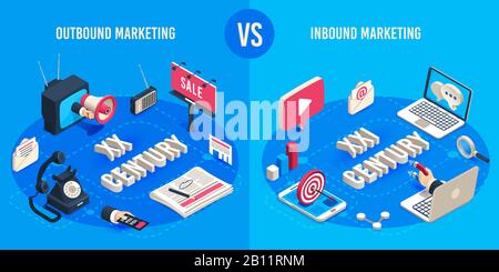 Marketing für ausgehende und eingehende Anrufe. Isometrische Marktwerbegenerationen, Online-Märkte Verkaufsmagnet und Anzeigen Megafon Vektorkonzept Stock Vektor