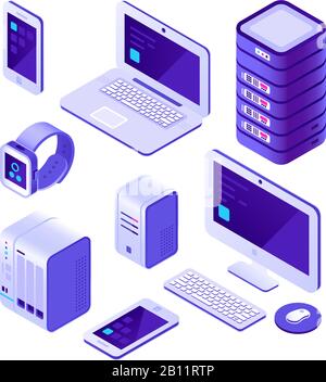 Mobile Geräte isometrisch eingestellt. Computer, Server und Laptop, Smartphone. Cloud-Datenbanksystem Vector 3d-Sammlung Stock Vektor