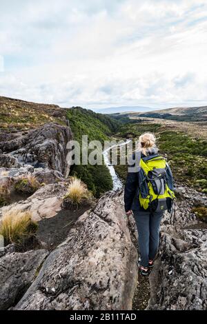 Tongariro National Park, Frau blickt über Tal und Schlucht, Lord of the Rings Location, Mordor, Tongariro, Neuseeland Stockfoto